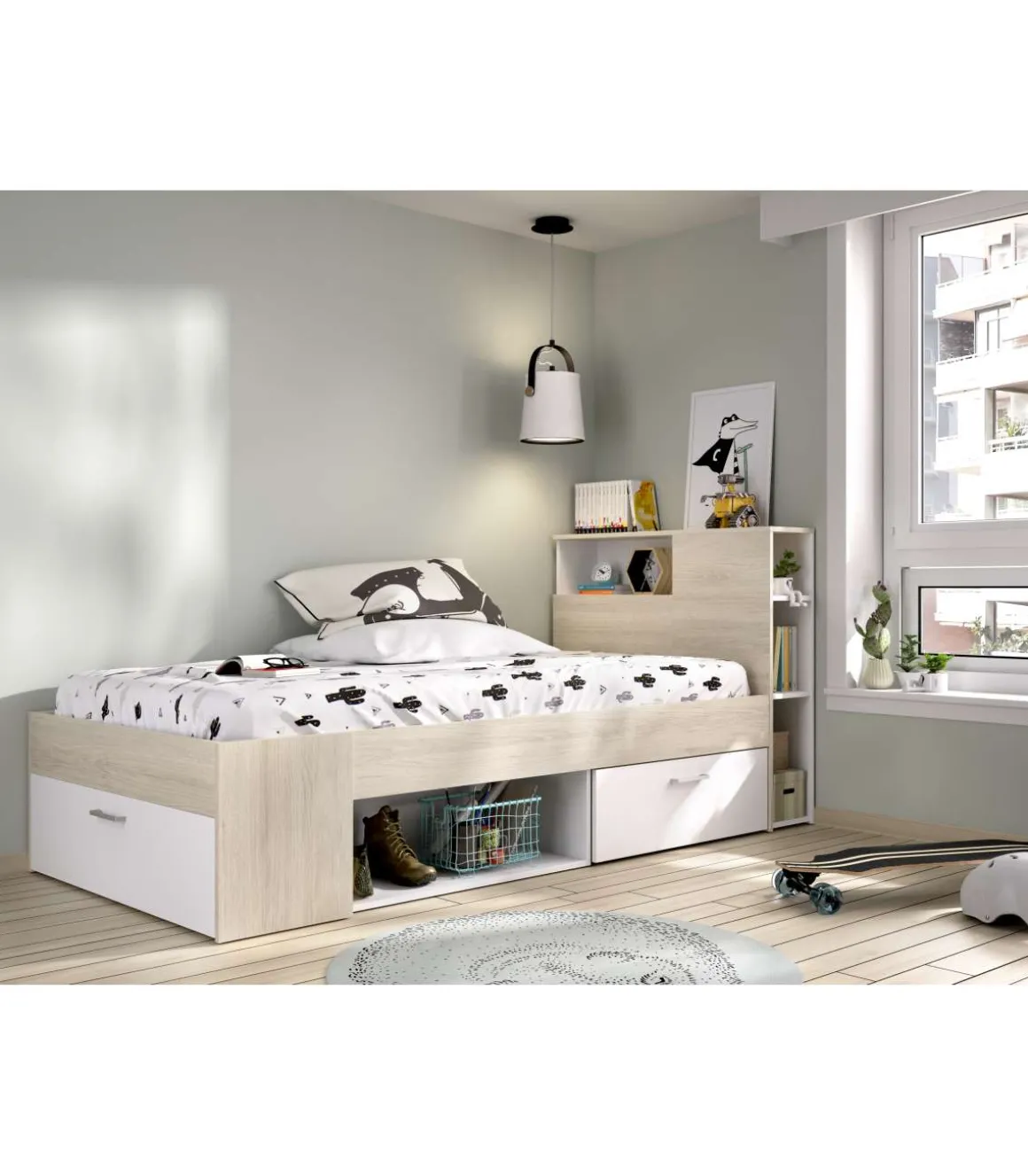 Cama compacta Pozo Alcón de 90 cm en natural/blanco 95 cm(alto)99cm(ancho)218 cm(largo)