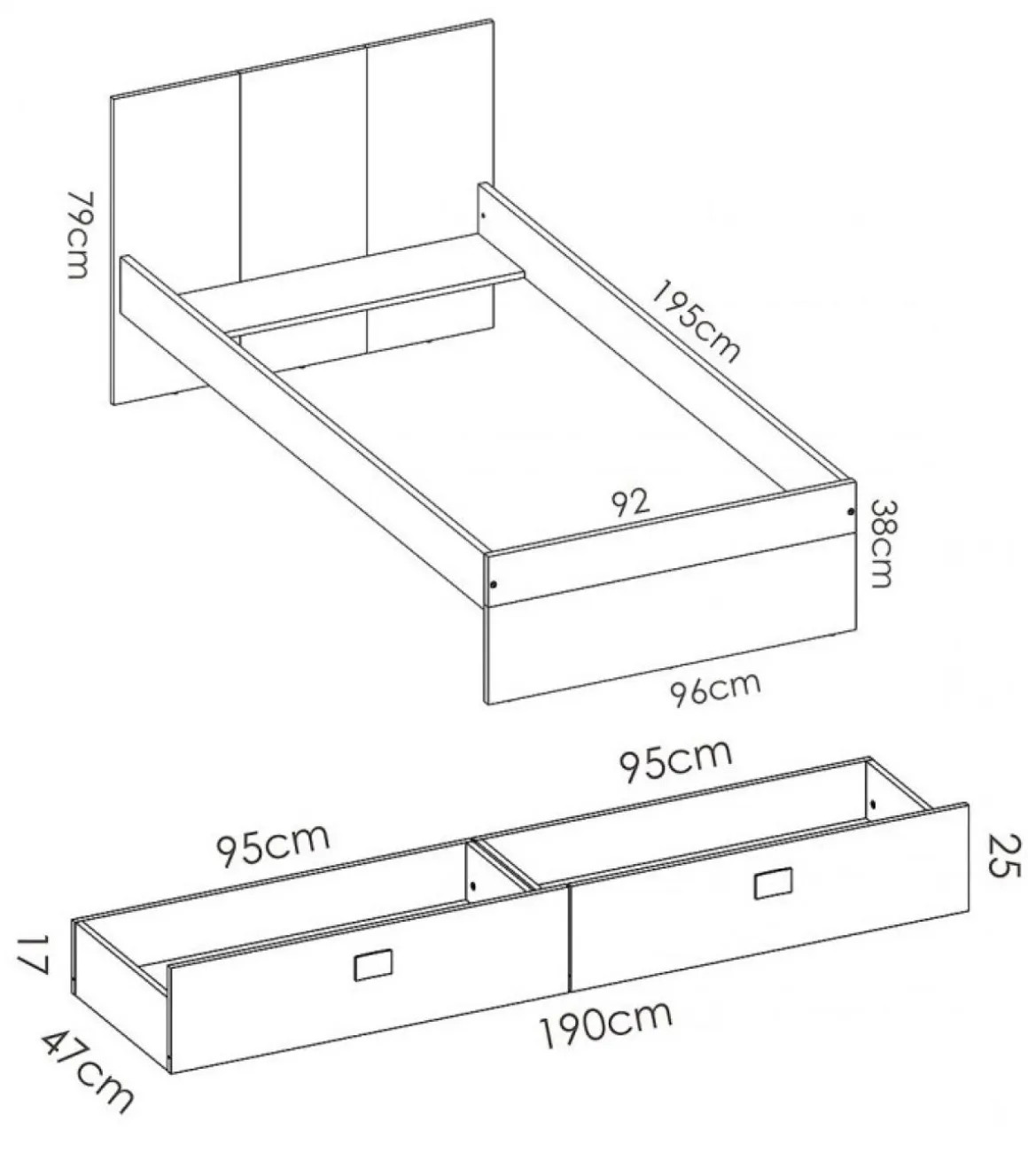 Cama con dos cajones Santisteban 90 cm para dormitorio juvenil 79 cm(alto)97 cm(ancho)196 cm(largo)