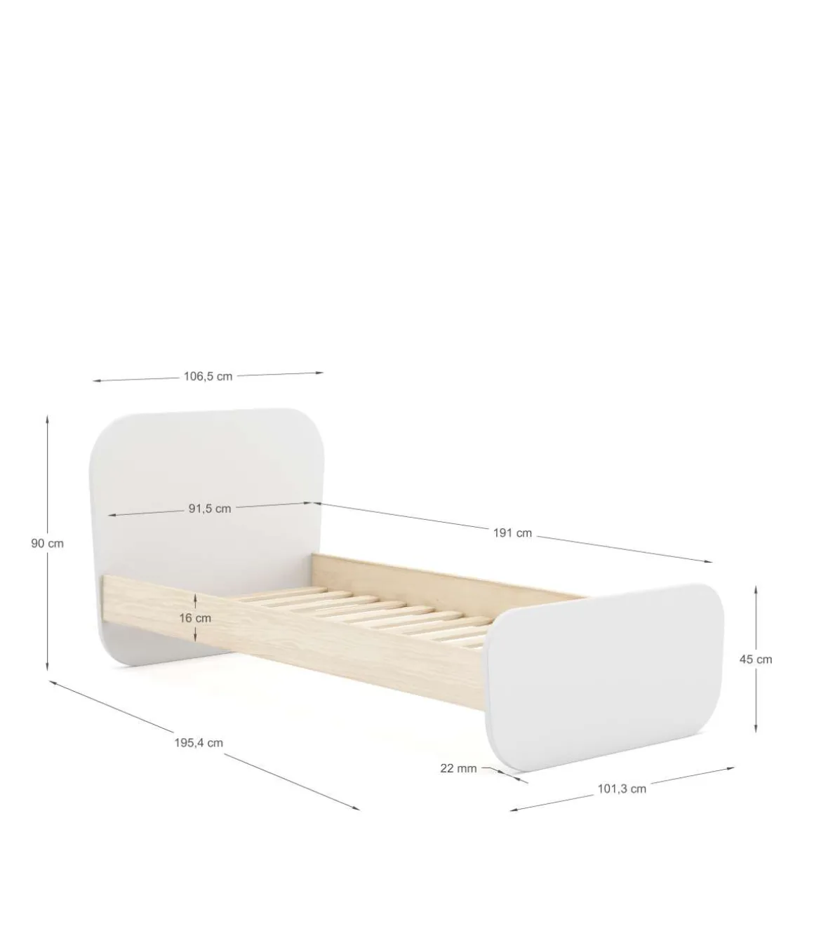Cama juvenil DYLAN acabado blanco/cera blanca, 45/90cm(alto) 195.4cm(ancho) 106.5cm(fondo)