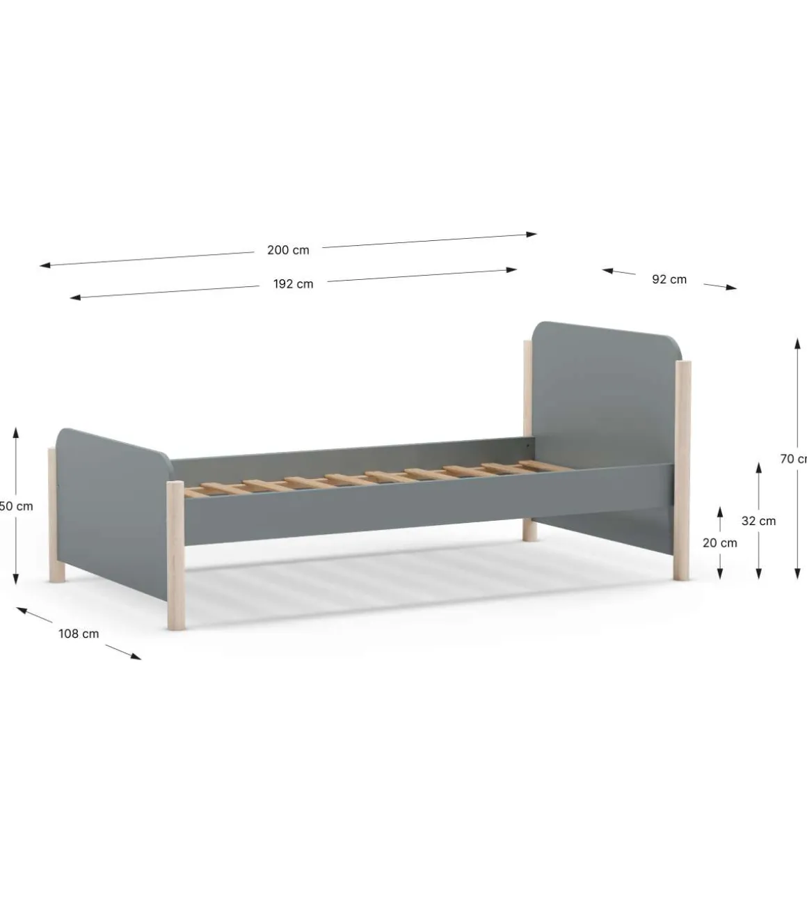 Cama juvenil Emma acabado verde kaki/cera blanca, 70cm(alto) 199cm(ancho) 107.2cm(fondo)