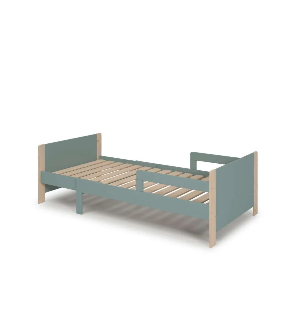Cama juvenil extensible Amir acabado verde petroleo/cera blanca, 60cm(alto) 98.2m(ancho) 144.2/194.2cm(fondo)