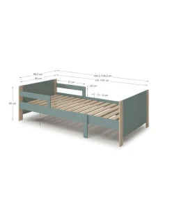 Cama juvenil extensible Amir acabado verde petroleo/cera blanca, 60cm(alto) 98.2m(ancho) 144.2/194.2cm(fondo)