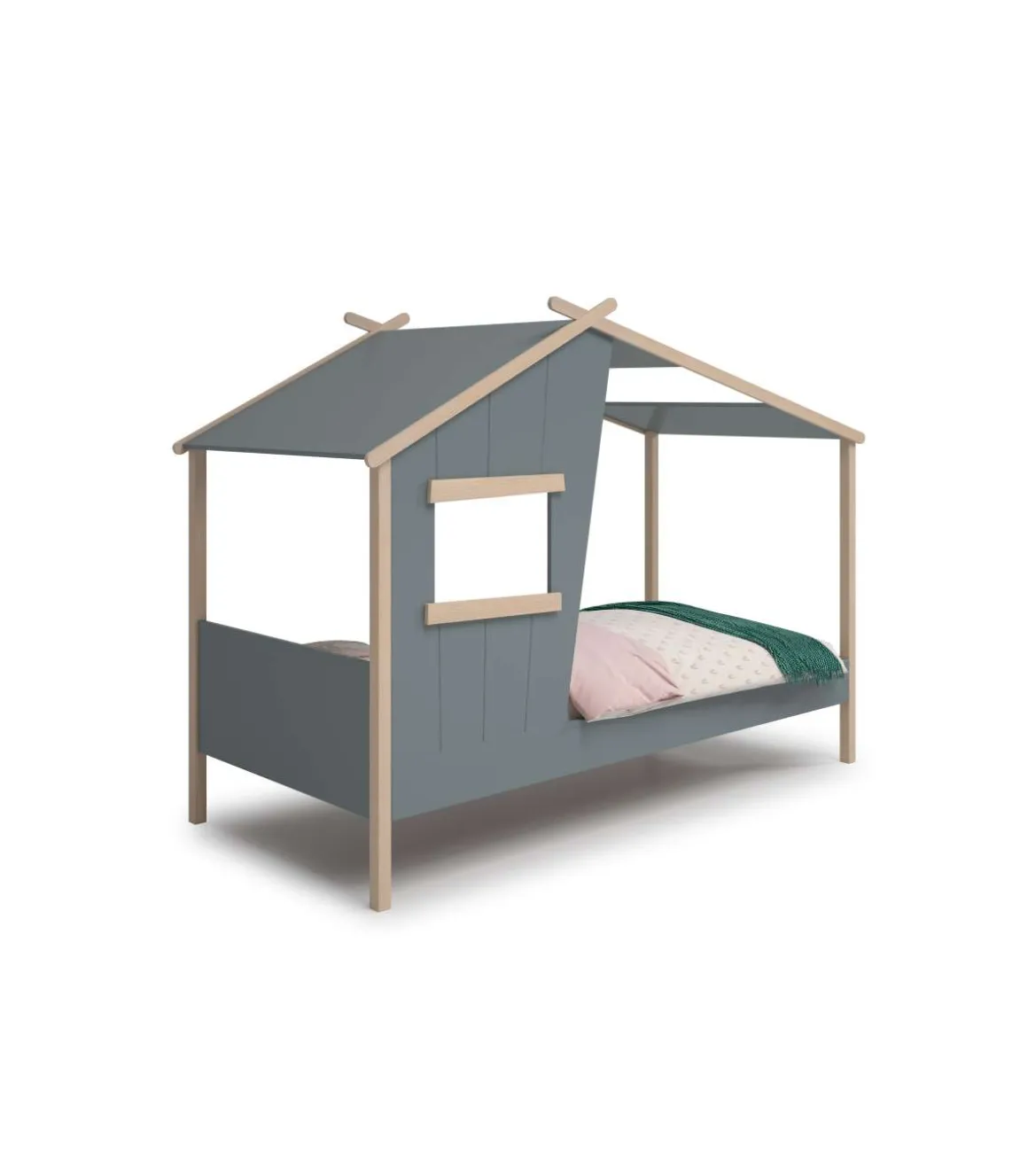 Cama juvenil modelo Lola acabado verde kaki/cera blanca, 158.5cm(alto) 103cm(ancho) 215.4cm(fondo)