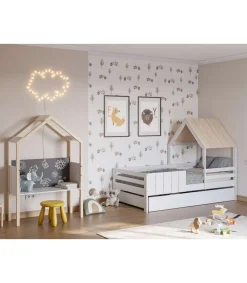 Cama juvenil modelo Nuria con cajón acabado blanco/cera blanca, 151.8cm(alto) 114.1cm(ancho) 201.2cm(fondo)