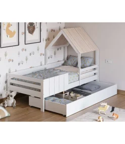 Cama juvenil modelo Nuria sin cajón acabado blanco/cera blanca, 151.8cm(alto) 114.1cm(ancho) 201.2cm(fondo)