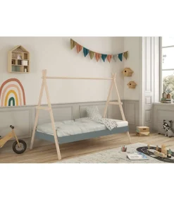 Cama juvenil modelo Teresa acabado cera blanca/verde kaki, 160cm(alto) 104.5cm(ancho) 209.4cm(fondo)