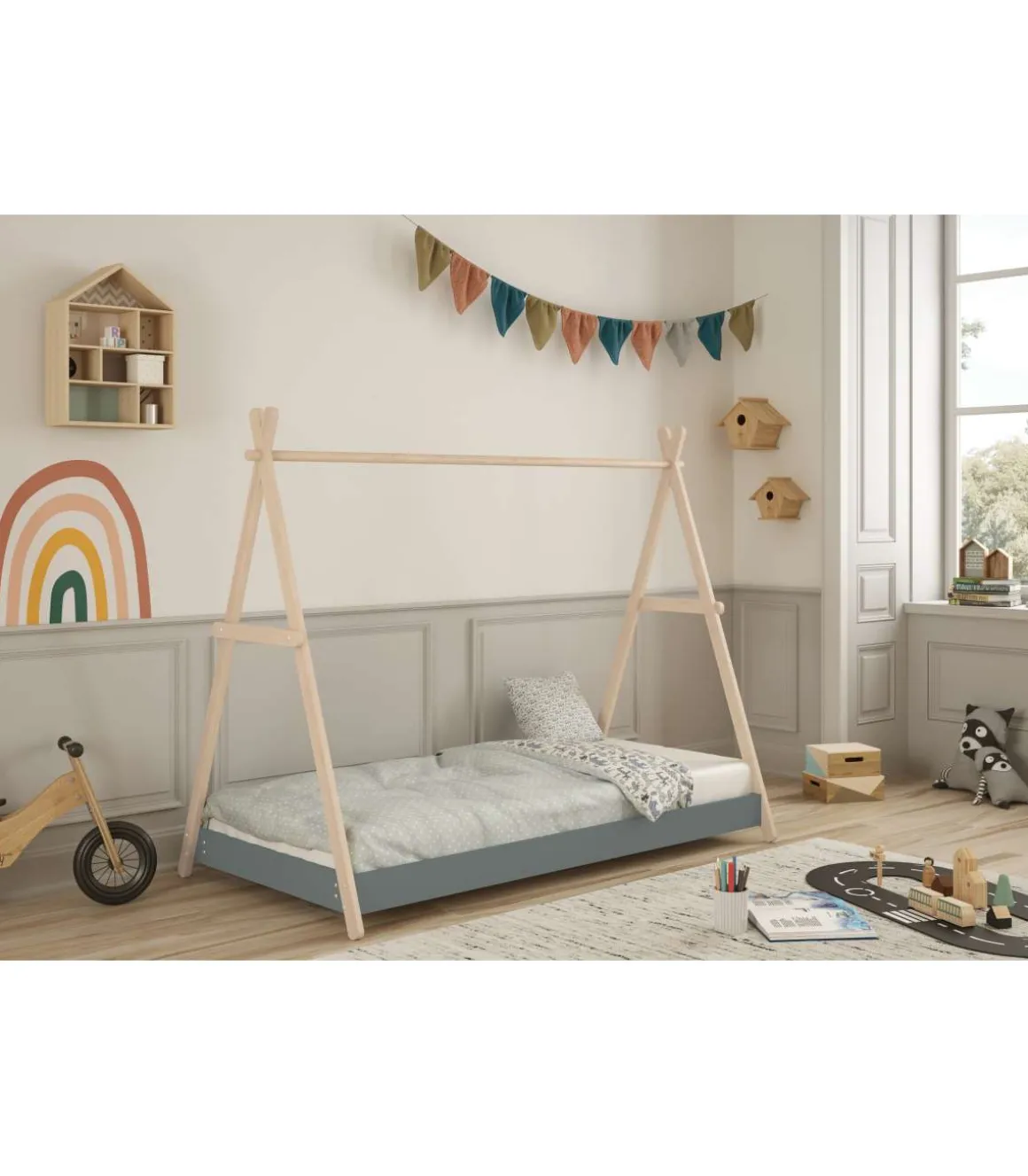 Cama juvenil modelo Teresa acabado cera blanca/verde kaki, 160cm(alto) 104.5cm(ancho) 209.4cm(fondo)