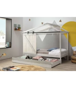 Cama juvenil tipo cabaña con cajón modelo Tara acabado blanco con tonos grises, 208.6cm(largo) 105cm(ancho) 183.5cm(alto).