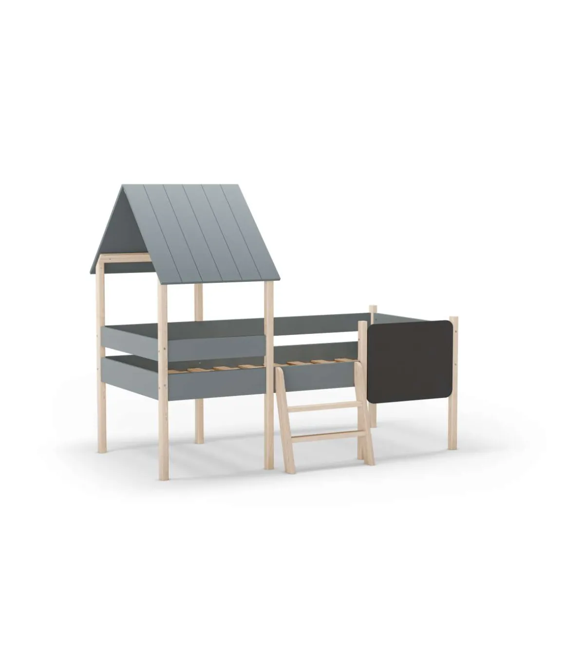 Cama juvenil tipo cabaña modelo Mario con pizarra acabado verde kaki/cera blanca, 150cm(alto) 110cm(ancho) 202cm(fondo)