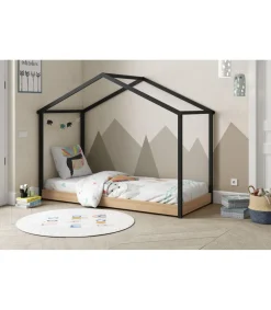 Cama juvenil tipo cabaña Moira acabado roble y gris antracita Medidas: (Largo 216.5 x ancho 102 x alto 163.7 cm)