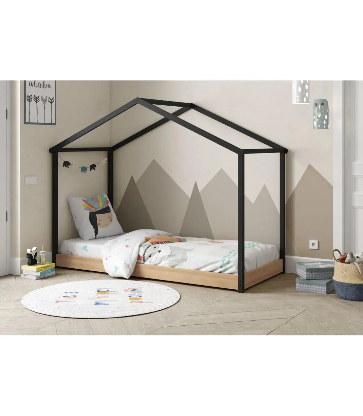 Cama juvenil tipo cabaña Moira acabado roble y gris antracita Medidas: (Largo 216.5 x ancho 102 x alto 163.7 cm)