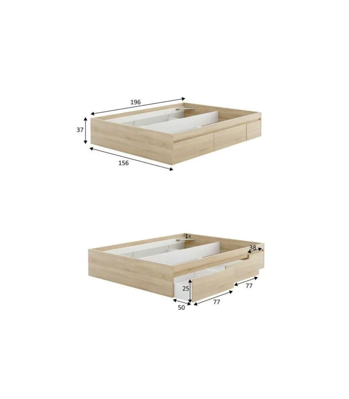 Cama matrimonio Modelo Beli con 4 cajones acabado roble canadian. Para colchón 150x190 cm.