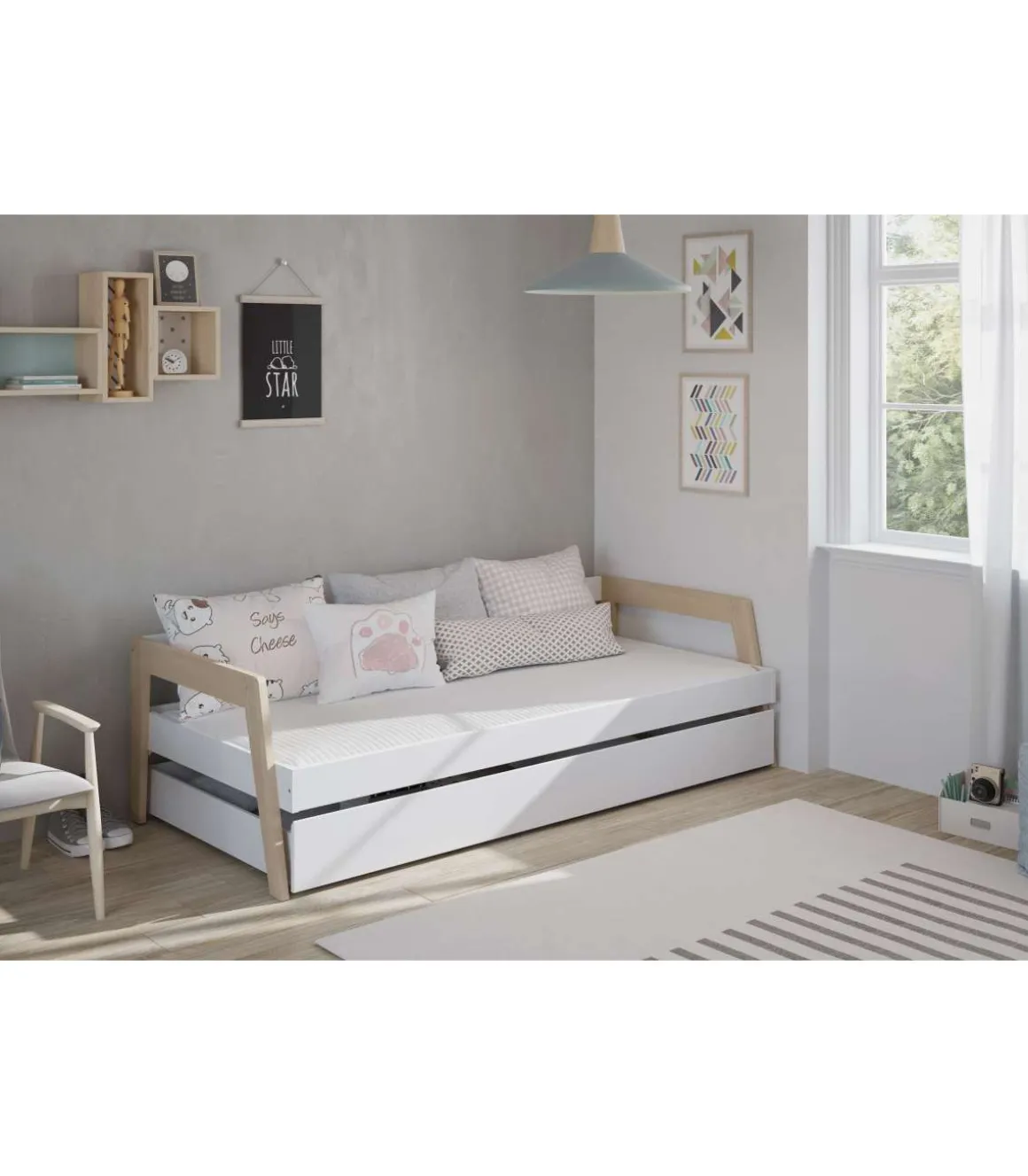 Cama nido juvenil ADAMO acabado blanco/cera blanca, 59.5cm(alto) 210cm(ancho) 96cm(fondo)