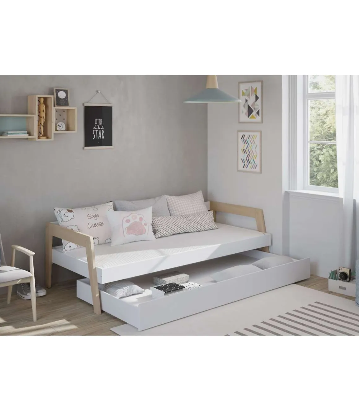 Cama nido juvenil ADAMO acabado blanco/cera blanca, 59.5cm(alto) 210cm(ancho) 96cm(fondo)