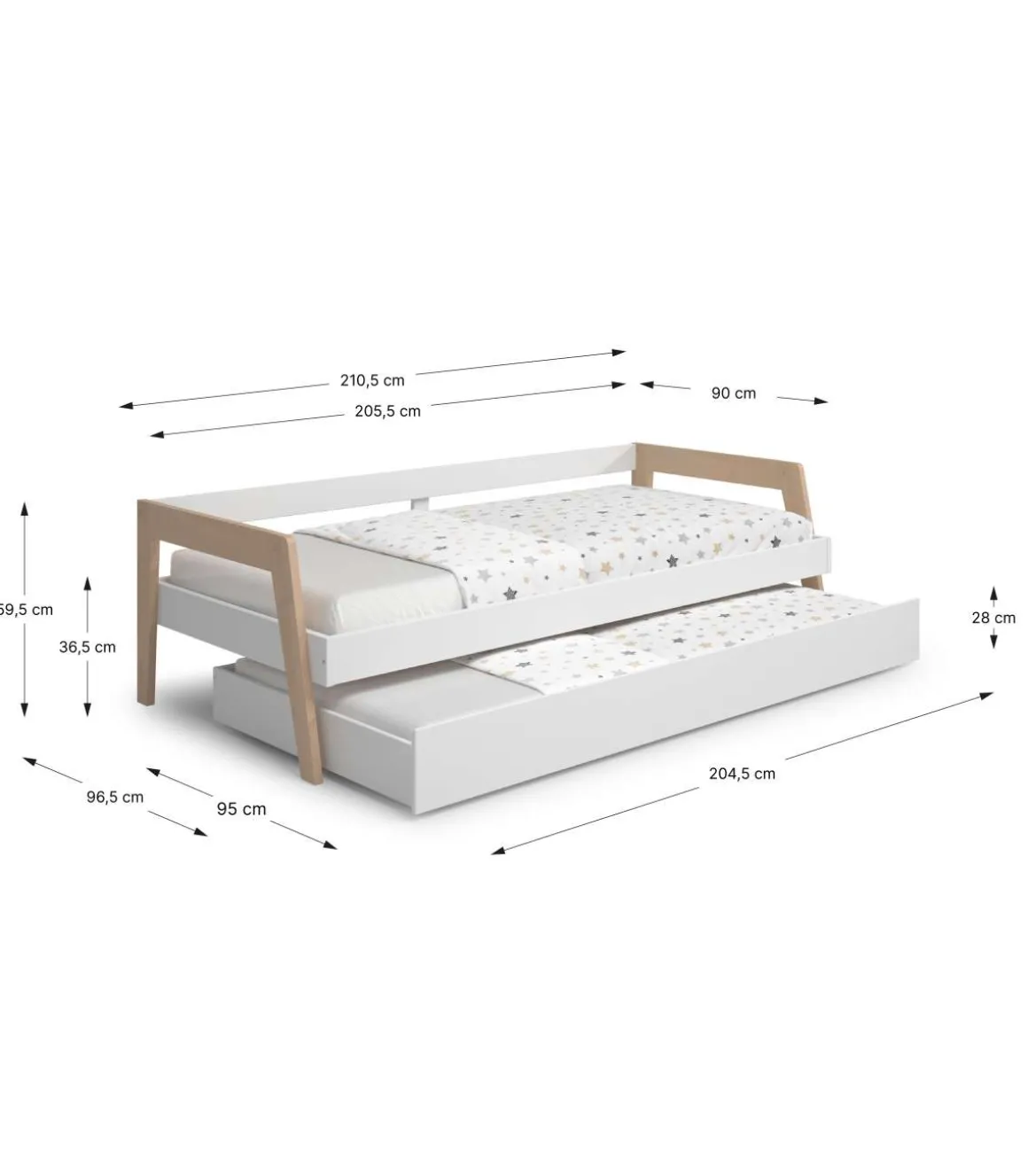 Cama nido juvenil ADAMO acabado blanco/cera blanca, 59.5cm(alto) 210cm(ancho) 96cm(fondo)