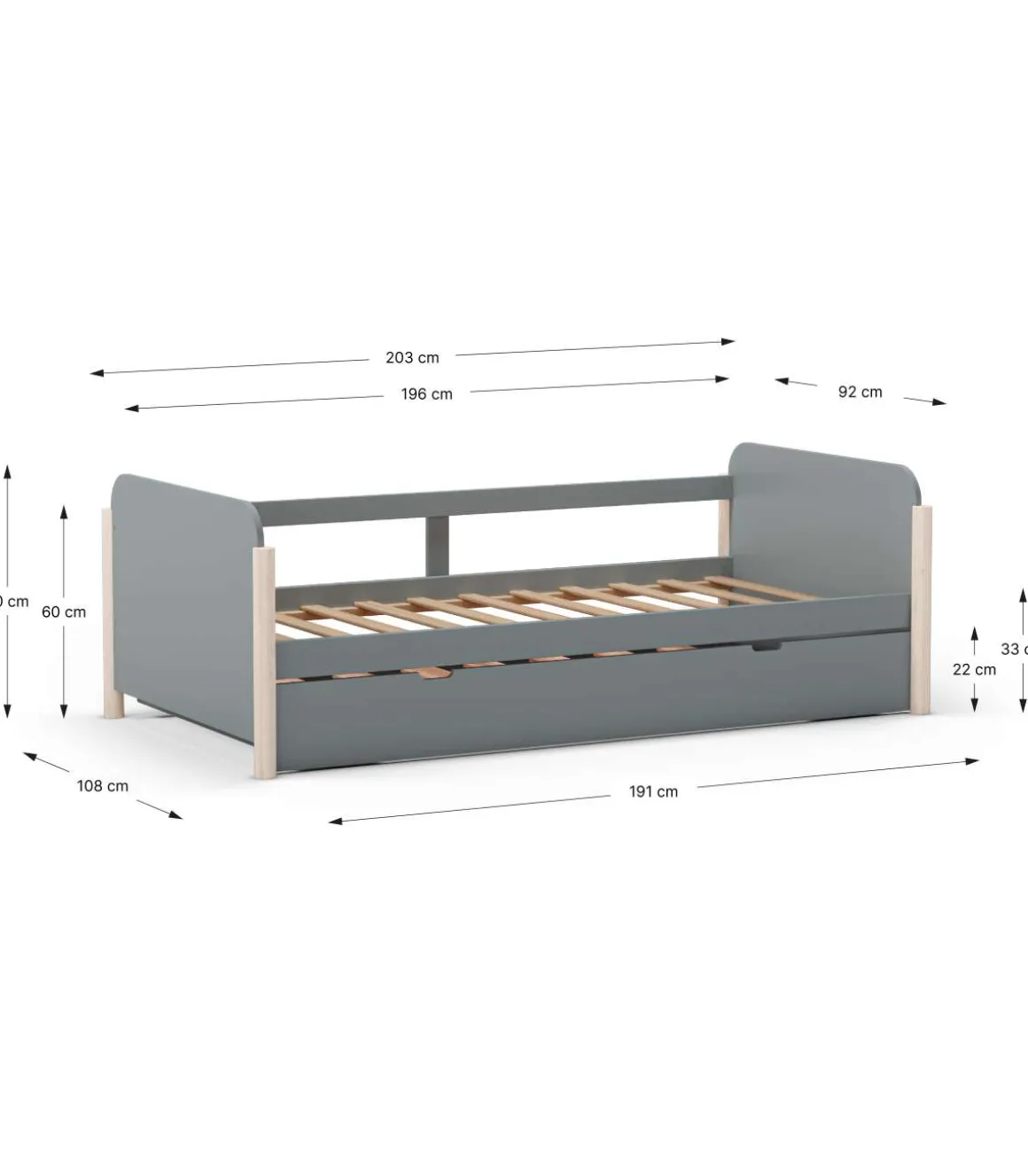 Cama nido juvenil Emma acabado verde kaki/cera blanca, 68cm(alto) 198.5cm(ancho) 105cm(fondo)