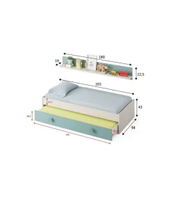 Cama nido Moy con estantería de pared en blanco alpes y verde aqua