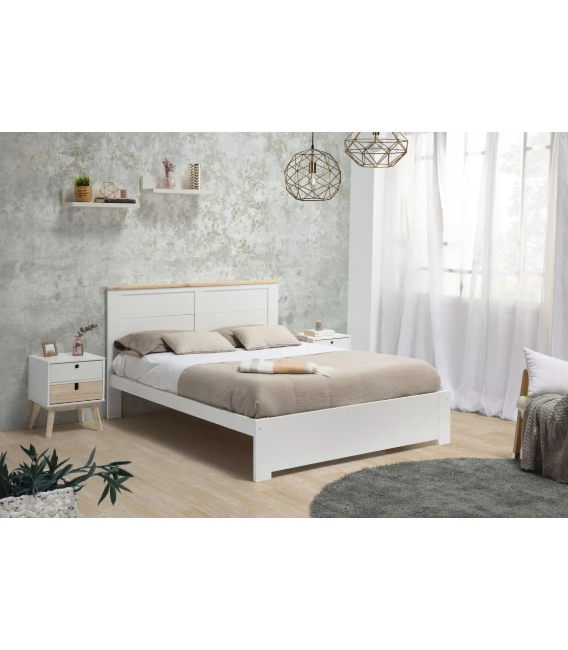Cama para dormitorio matrimonio Anika acabado blanco. Para colchón 140x190 cm.