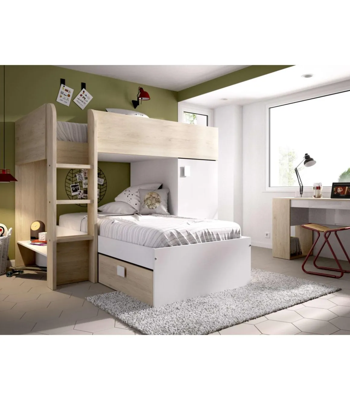 Cama tren Baeza montaje reversible en natural-blanco 150 cm(alto)255 cm(ancho)111 cm(largo)