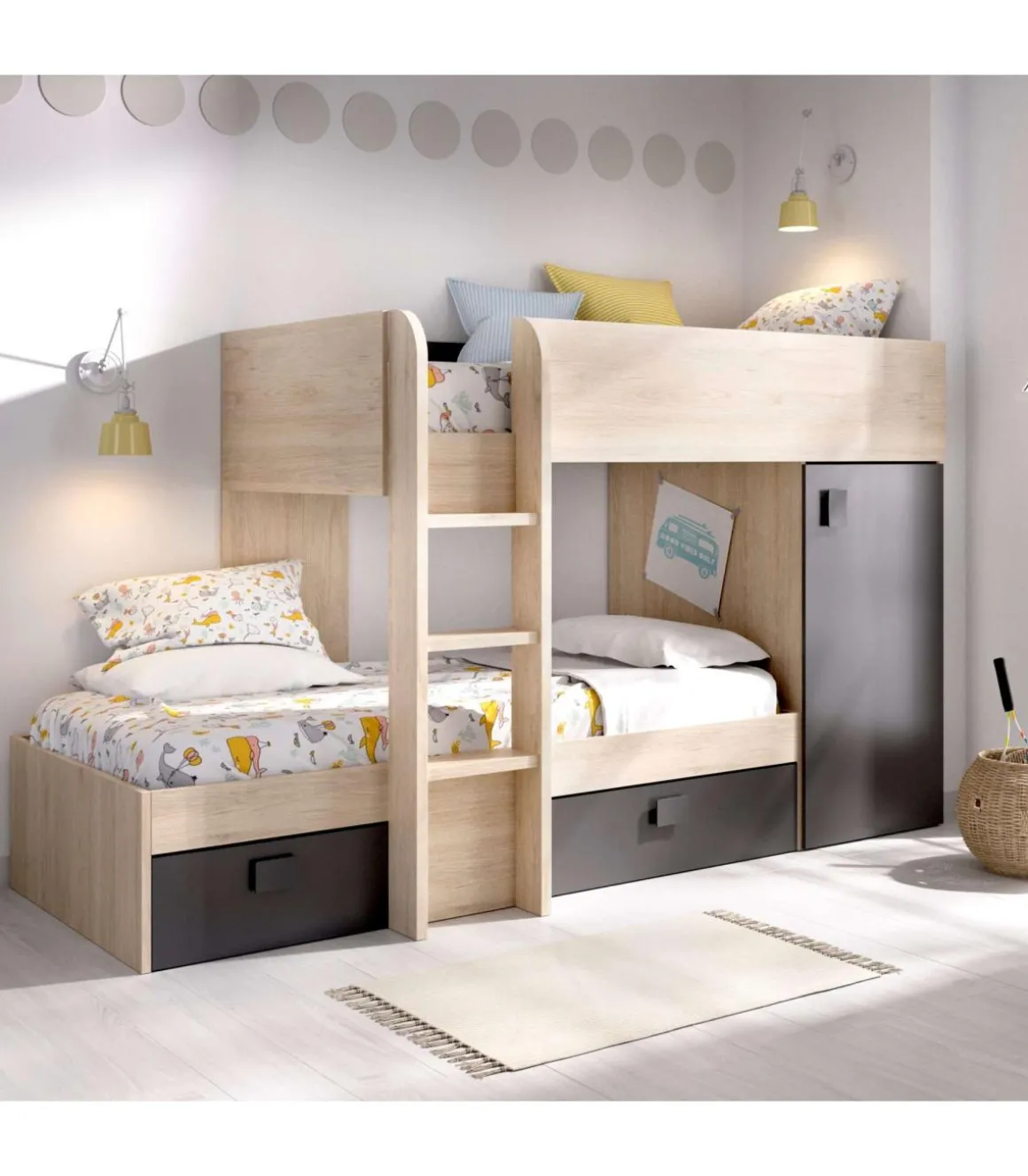 Cama tren Baeza montaje reversible en natural-grafito 150 cm(alto)255 cm(ancho)110 cm(largo)