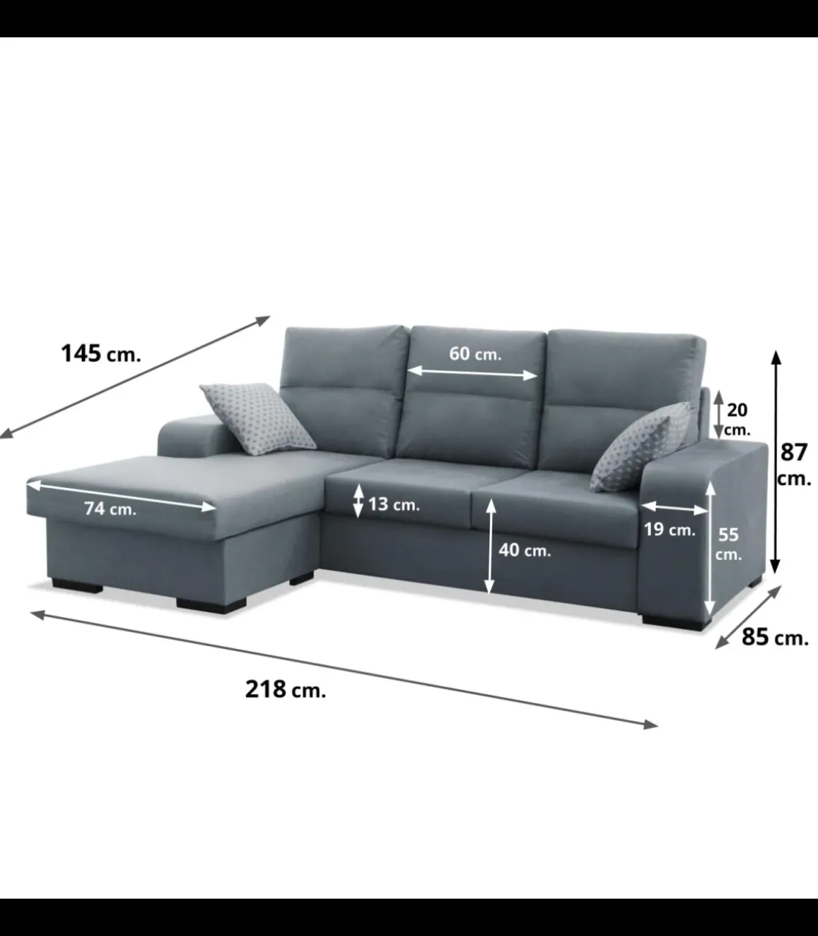 Chaiselongue reversible Nata color gris, 218cm(ancho) 145cm(fondo) 87cm(alto)