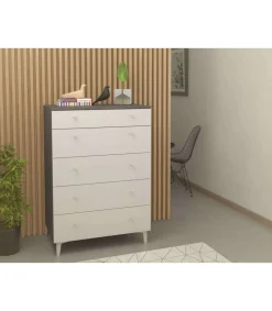 Cómoda 5 cajones Luna acabado gris parís/blanco. 114.6cm(alto), 80cm(ancho), 48cm(fondo)