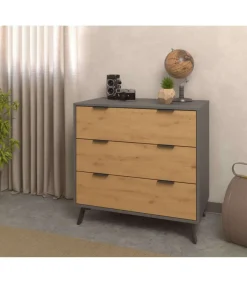 Cómoda 3 cajones Luna acabado gris parís/roble albar. 78cm(alto), 80cm(ancho), 48cm(fondo)