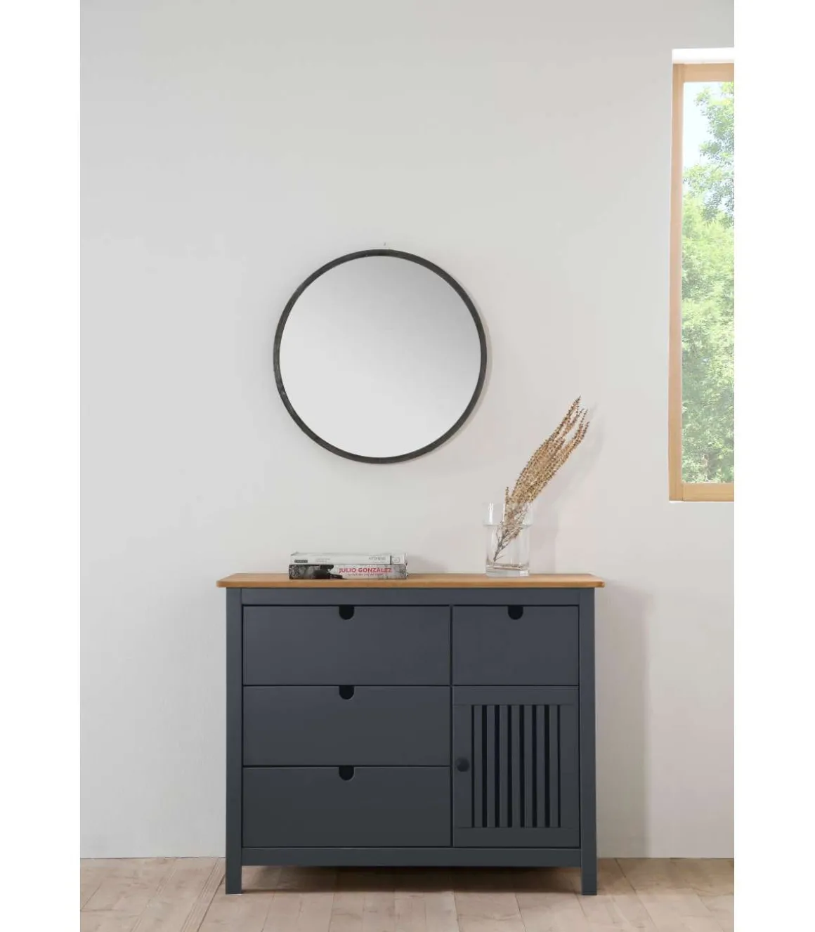 Cómoda 4 cajones 1 puerta acabado gris modelo Luna, 100 cm(ancho) 80 cm(alto) 40 cm (fondo)