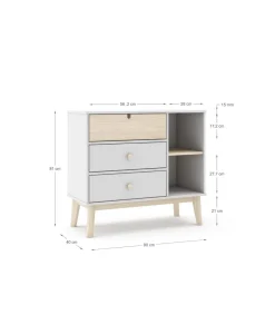 Cómoda 3 cajones y 2 huecos modelo Estela acabado blanco/cera blanca, 81cm(alto) 90cm(ancho) 40cm(largo)