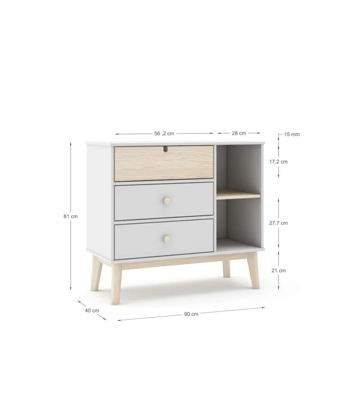 Cómoda 3 cajones y 2 huecos modelo Estela acabado blanco/cera blanca, 81cm(alto) 90cm(ancho) 40cm(largo)