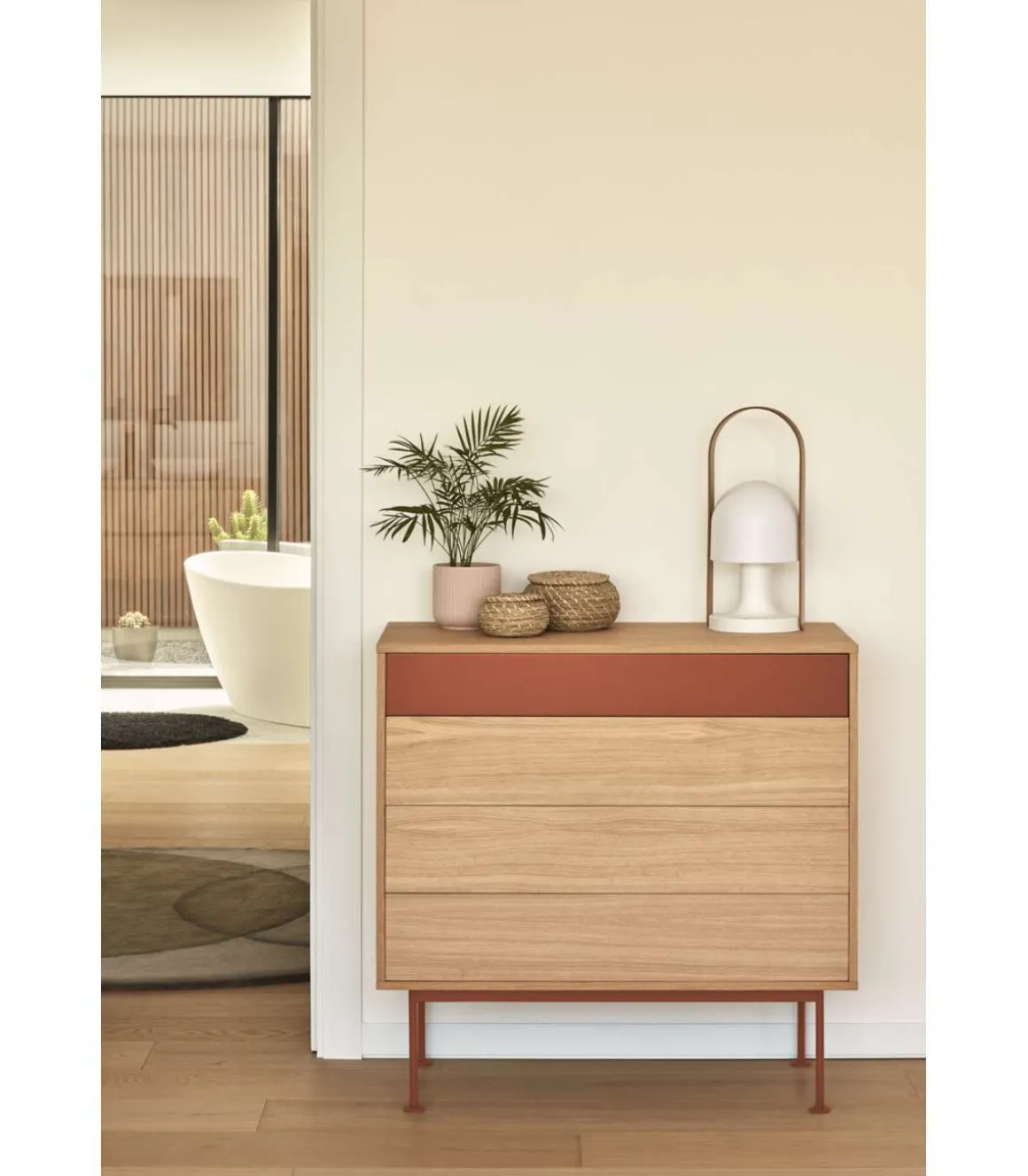 Cómoda para dormitorio modelo Yoko 4 cajones acabado roble/teja, 45cm(ancho) 86cm(alto) 90cm (largo)