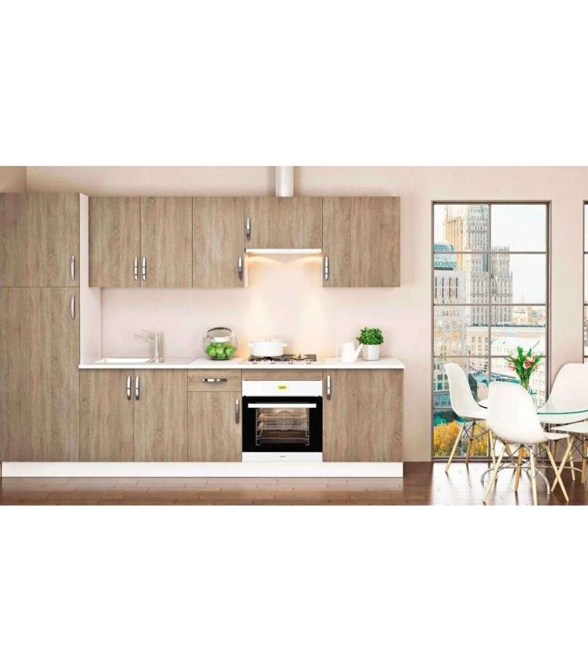 Cocina completa con zocalo y encimera 3 metros(ancho) color roble cortez, KIT-KIT