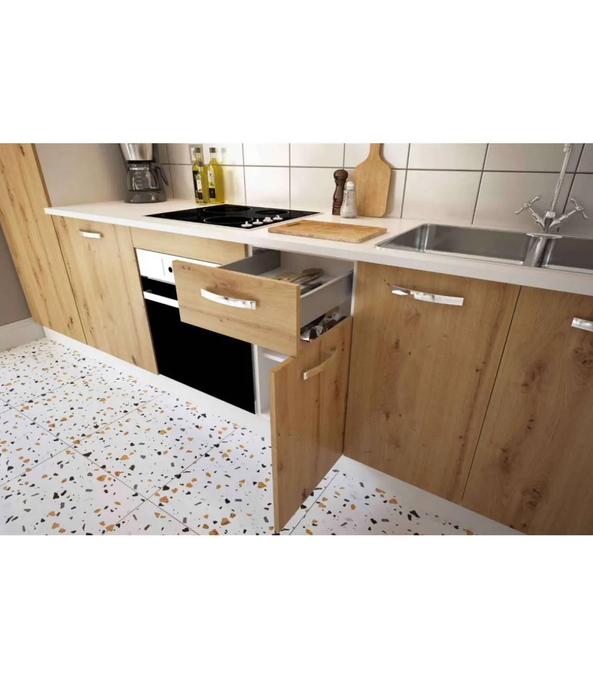 Cocina completa con zocalo y encimera 3 metros(ancho) color roble albar, KIT-KIT
