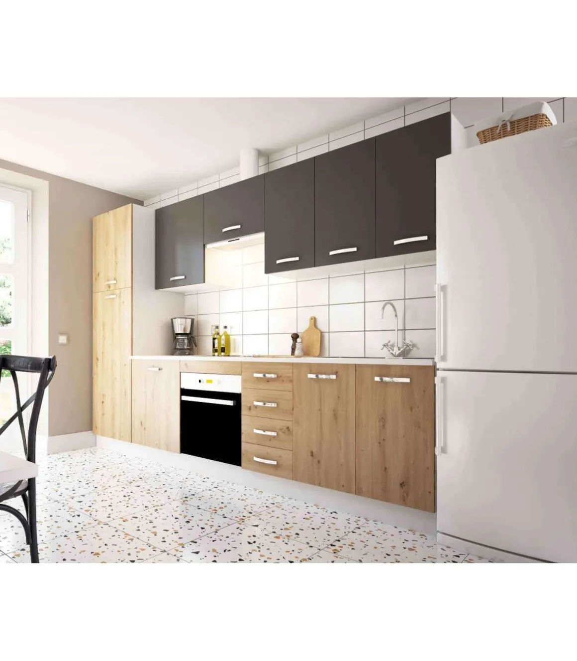 Cocina completa New sin zocalo y encimera 3 metros(ancho) color roble albar/gris parís KIT-KIT