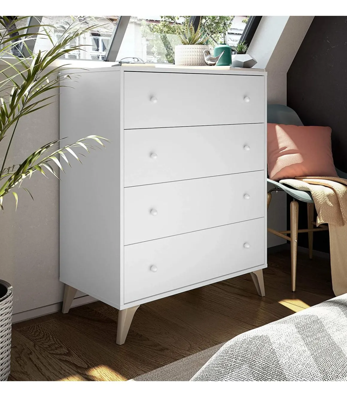 Comoda con 4 Cajones para Dormitorio Liss en Color Blanco Artik, 77,5 cm (Ancho) x 95 cm (Alto) x 40 cm (Fondo)