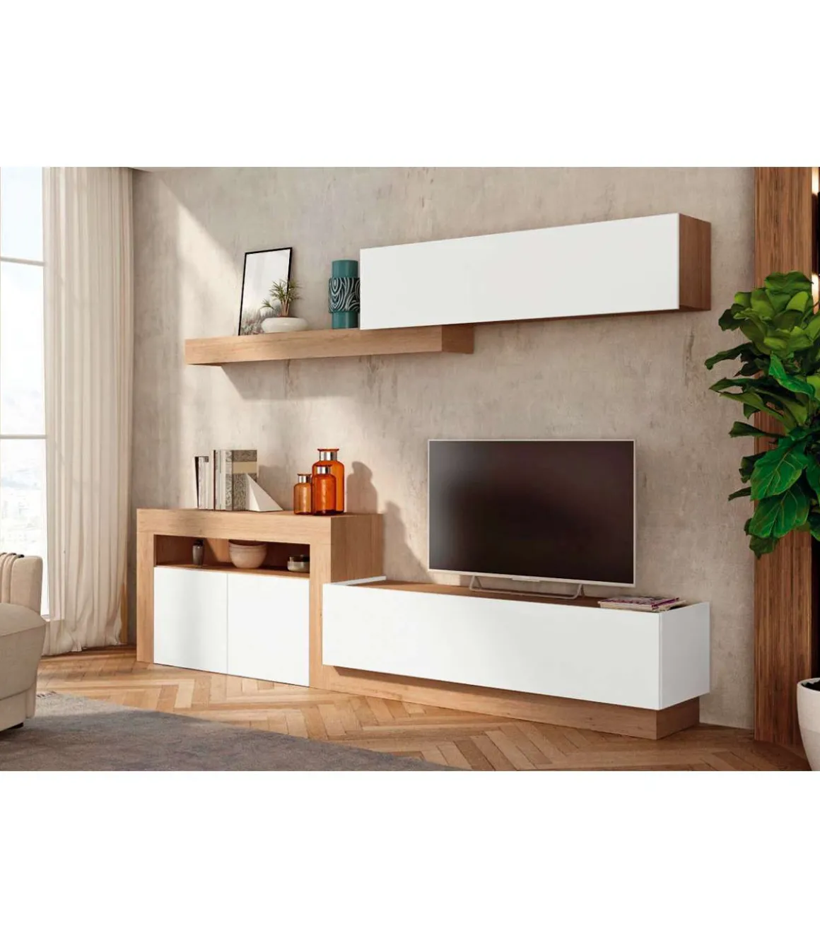 Composición de salón Max blanco y bambú. 260 cm de ancho. Se sirve montado.