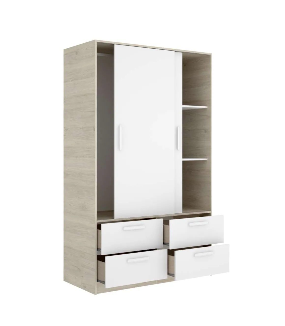 Conjunto cabecero, armario 2 puertas 4 cajones y 2 mesitas Lula acabado alistonado natural/blanco.