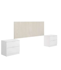 Conjunto cabecero y dos mesitas Lula acabado alistonado natural/blanco.