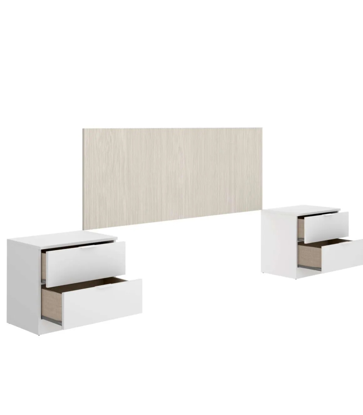 Conjunto cabecero y dos mesitas Lula acabado alistonado natural/blanco.