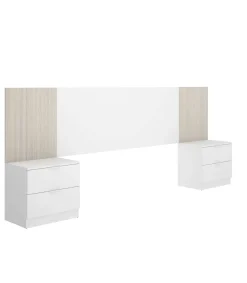 Conjunto cabecero y dos mesitas Lula acabado blanco/alistonado natural.