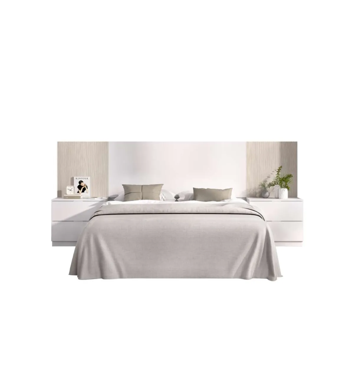 Conjunto cabecero y dos mesitas Lula acabado blanco/alistonado natural.