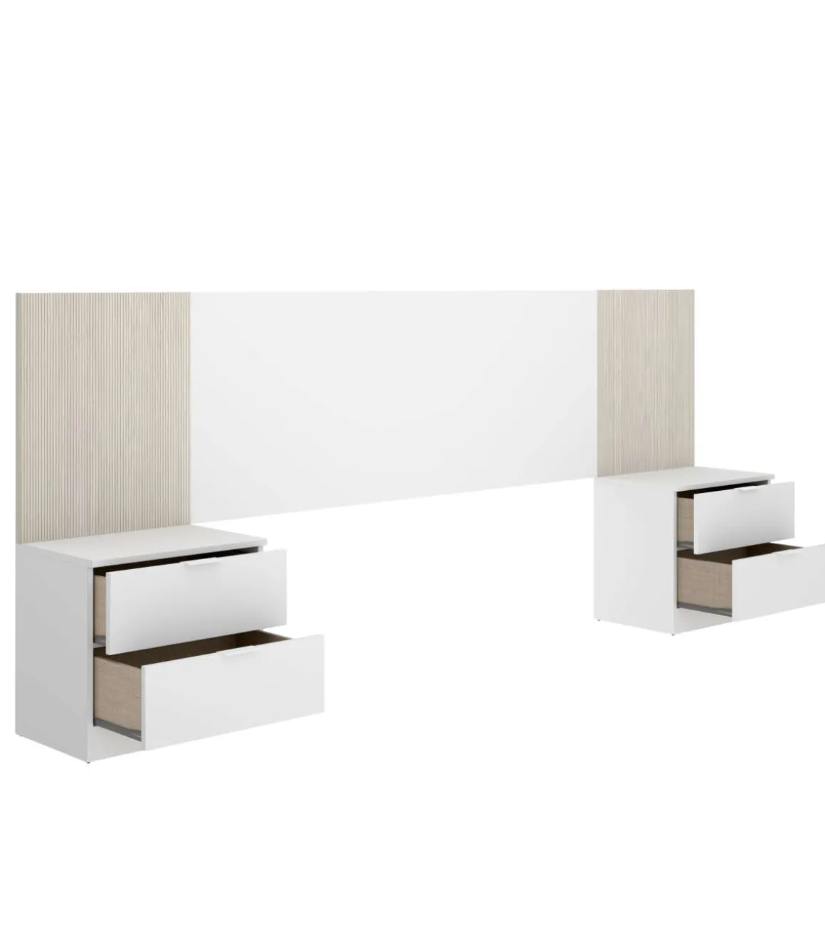 Conjunto cabecero y dos mesitas Lula acabado blanco/alistonado natural.