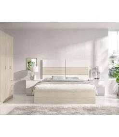 Conjunto cama, armario 3 puertas 3 cajones y dos mesitas Lisa acabado natural/blanco.