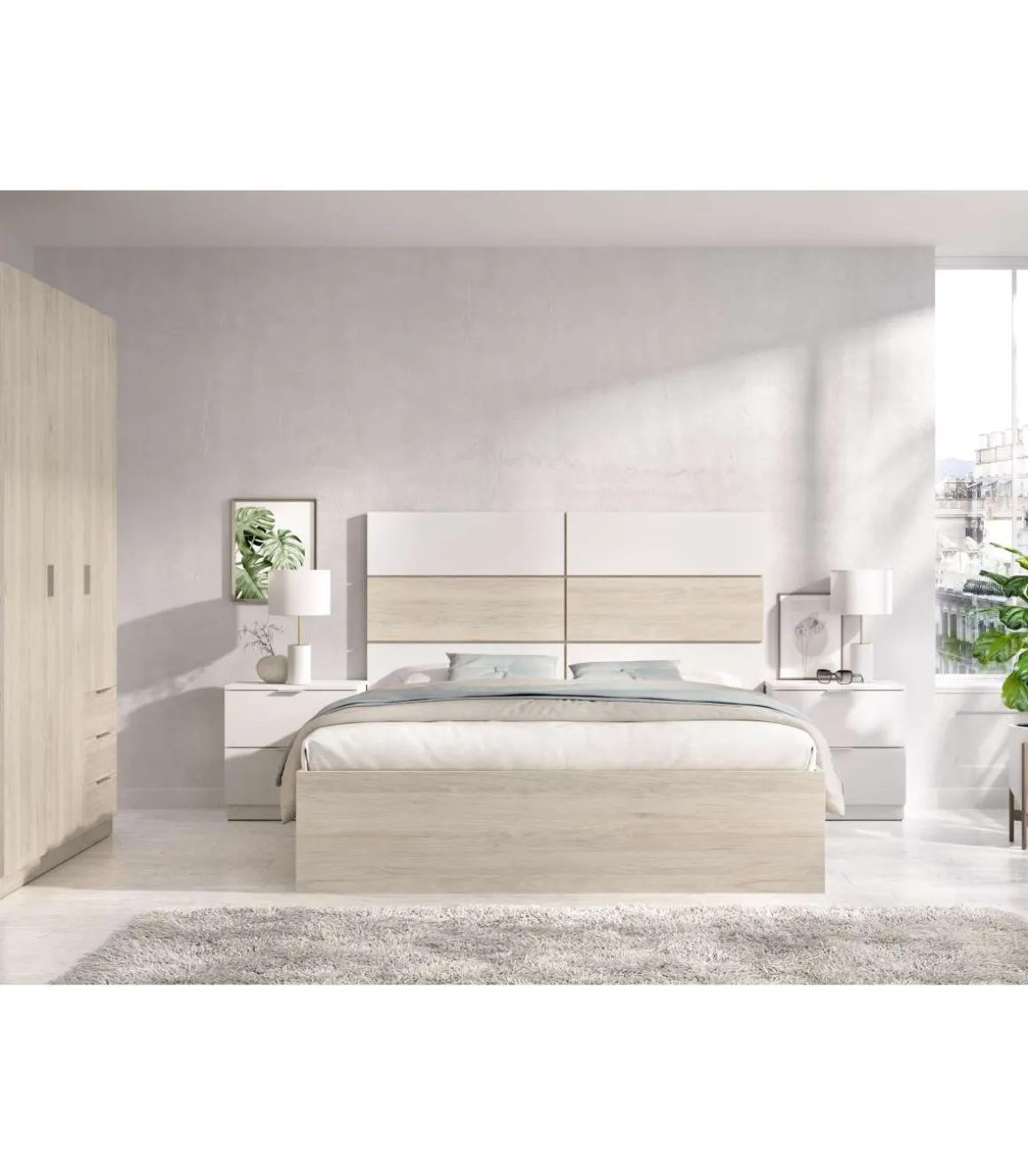 Conjunto cama, armario 3 puertas 3 cajones y dos mesitas Lisa acabado natural/blanco.