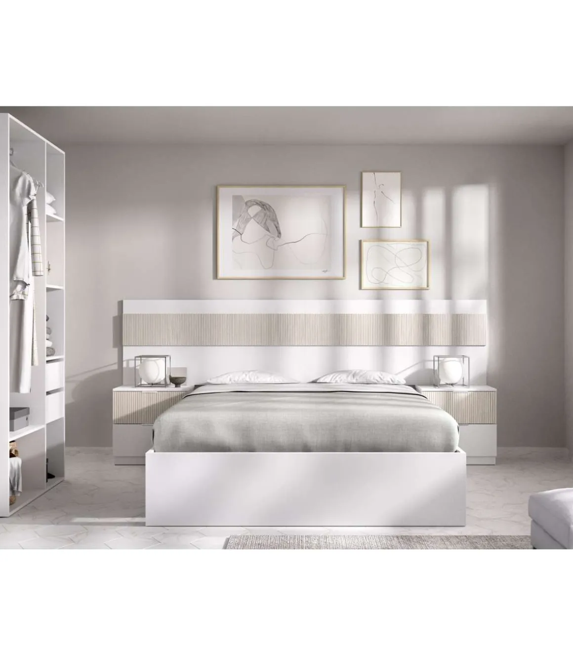 Conjunto cama, dos mesitas y armario vestidor Borja acabado blanco/alistonado.