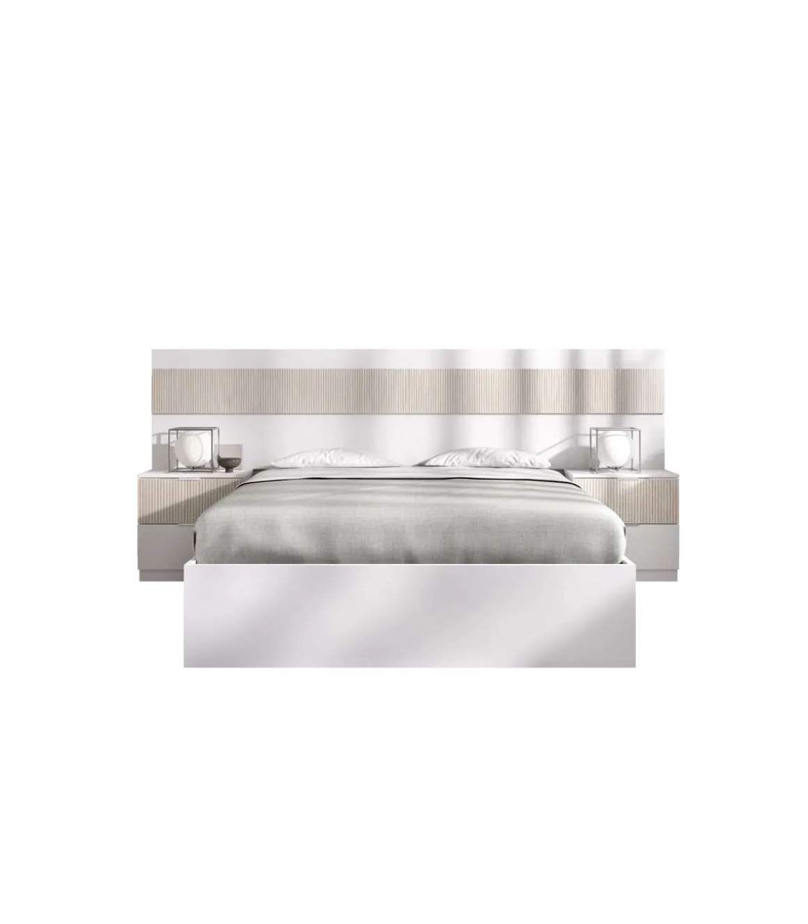 Conjunto cama, dos mesitas y armario vestidor Borja acabado blanco/alistonado.