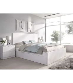 Conjunto cama matrimonio con cajones y dos mesitas Rocio acabado blanco.