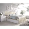 Conjunto cama matrimonio con cajones y dos mesitas Rocio acabado natural-blanco.