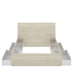 Conjunto cama matrimonio con cajones y dos mesitas Rocio acabado natural-blanco.