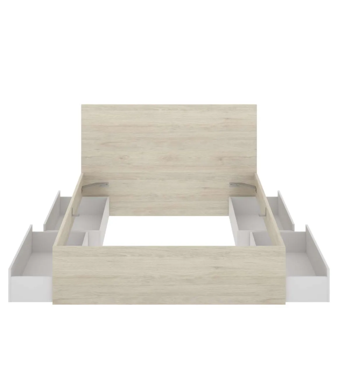 Conjunto cama matrimonio con cajones y dos mesitas Rocio acabado natural-blanco.